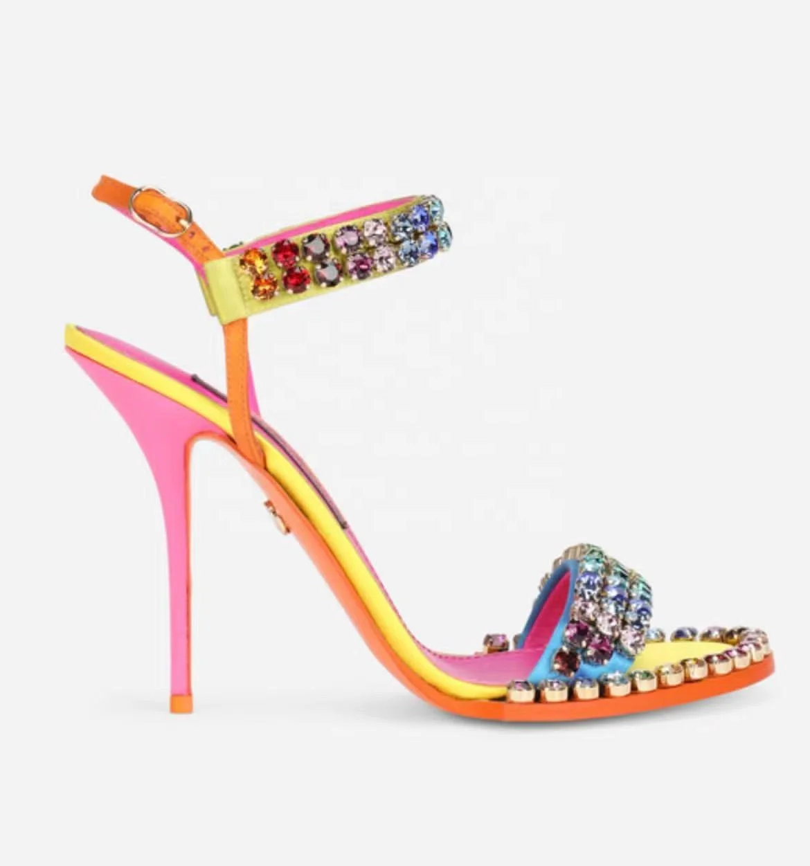 Brand diamonds heels big rainbow rhinestone strap neon pink yellow orange outsole oem sandal sexy ladies stiletto high heels