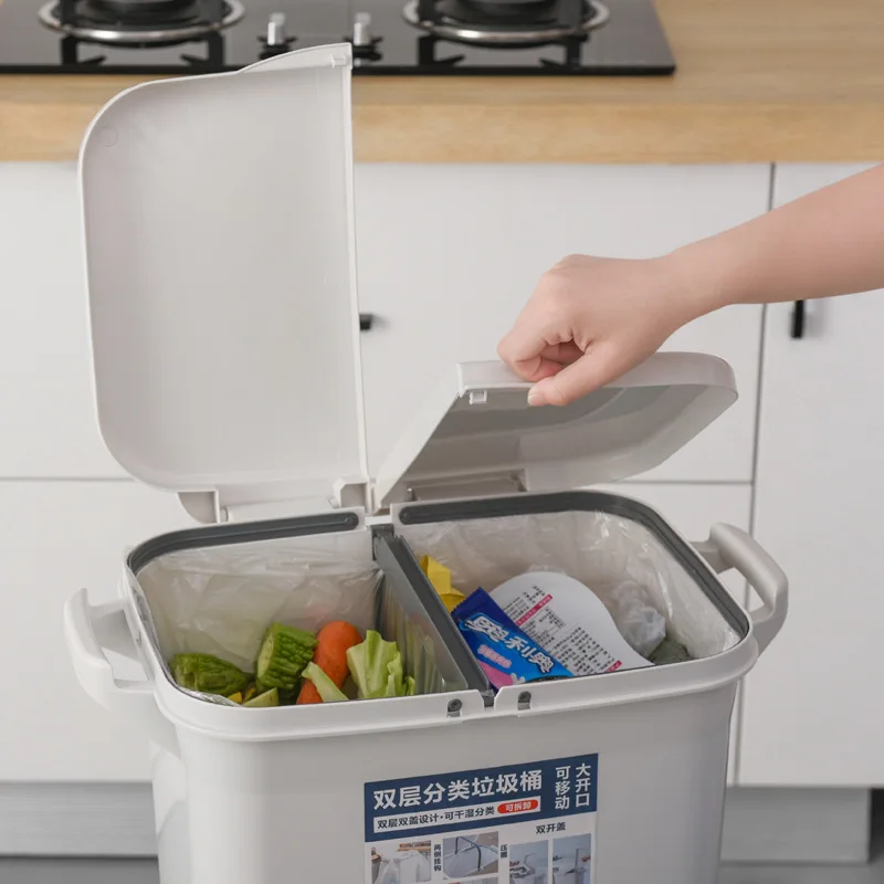 Kitchen Double-layer Rectangular Dustbin Plastic Wheeled Recycle Waste Bin Trash Can with Lid for Sale