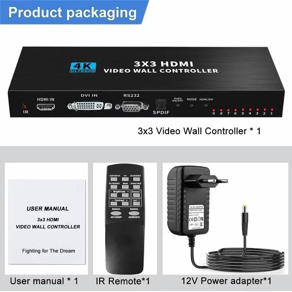 4K HD 1080P 3x3 HDMI DVI TV Video Wall Controller Processor 1X2 1X4 1X3 2X1 3X1 4X1 multi video screen processor Switch Splicer