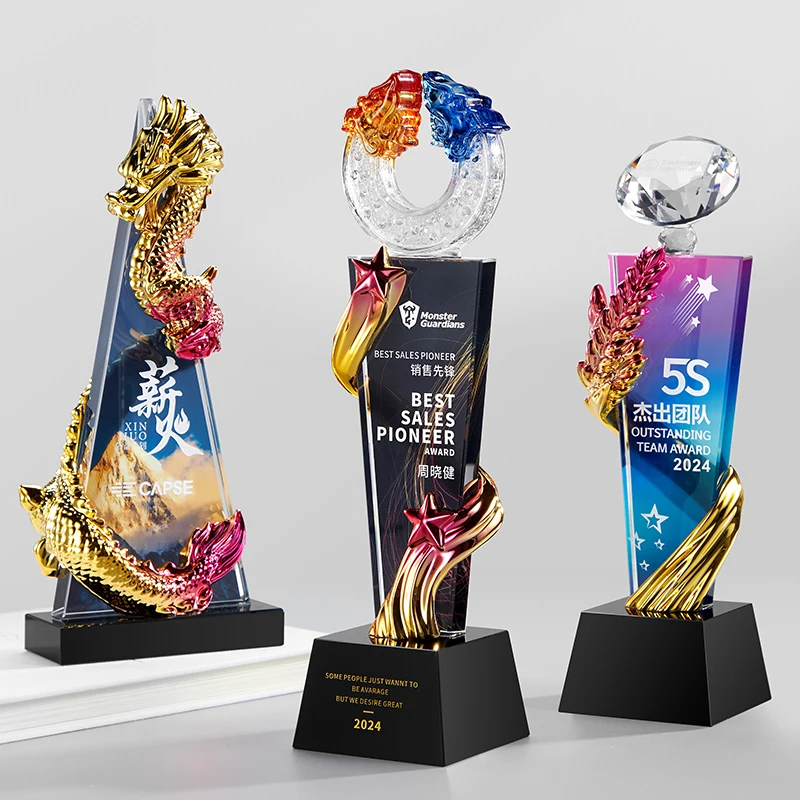 2024 eurovision Decoration large Chinese Gold Dragon champion Trophy cup award Zodiac Crystal Dragon Trophy customized with base
