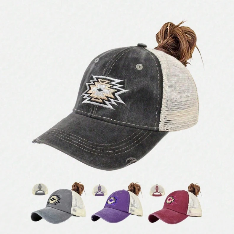 Embroidery Aztec High Pony Baseball Hat Mesh Hat Washed Cotton Distressed Baseball Cap Ponytail Hats Sunhat Custom Logo