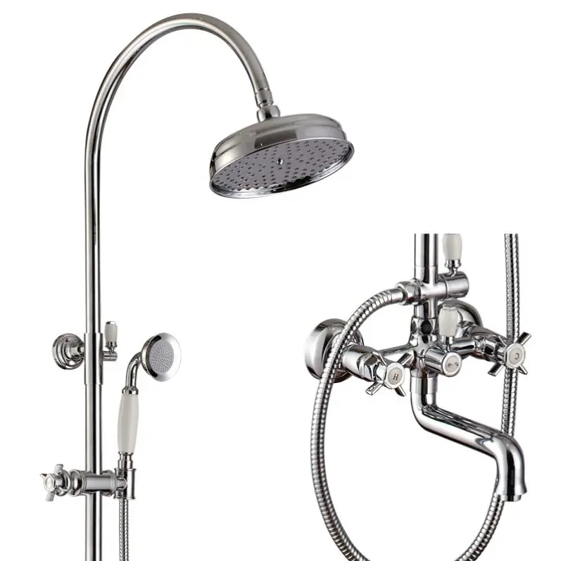 Double Cross Zinc Handle Classic Ceramic Diverter Brass Sliding Bar Brass Shower Head Spout Spout Telephone Handset Shower Set