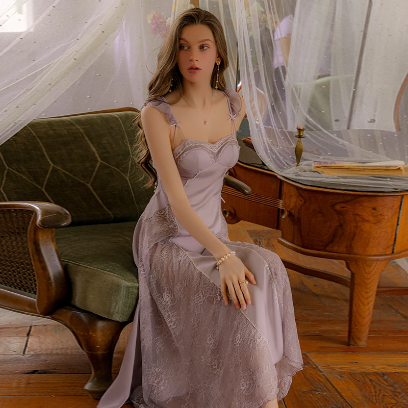 New hot sexy French sleepwear women padded chest silky satin floral lace long nightgown gr3388