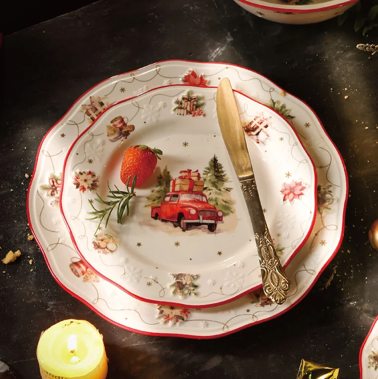 Snow embossed red rim decorative ceramic tableware plates and bowls dinner sets luxury porcelain christmas dinnerware set
