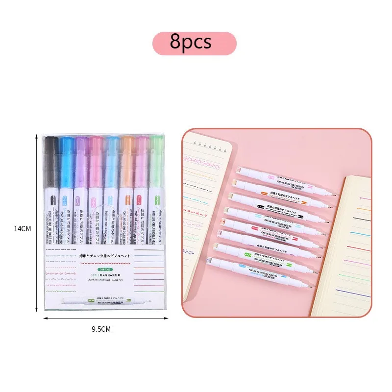 New Arrival 8pcs Multi Colorful Highlighter Curve Shapes Roller Tip Curve Liner Marker Dual Tip Marker Pen