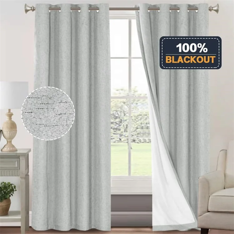 Primitive Textured Linen 100% Blackout Curtains Energy Saving Burlap Fabric White Thermal Insulated Liner Window Curtain Drapes