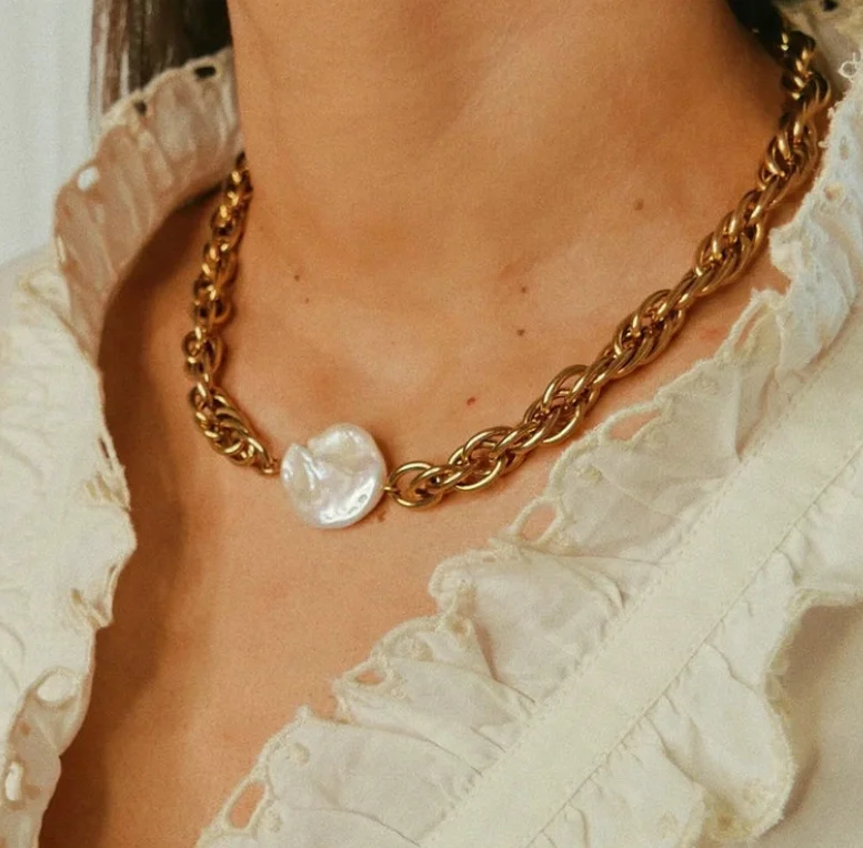 Vintage Baroque Pearl Chain Choker 18k Gold Plated Stainless Steel Statement Thick Chunky Bold Chain Pearl Necklace Jewelry