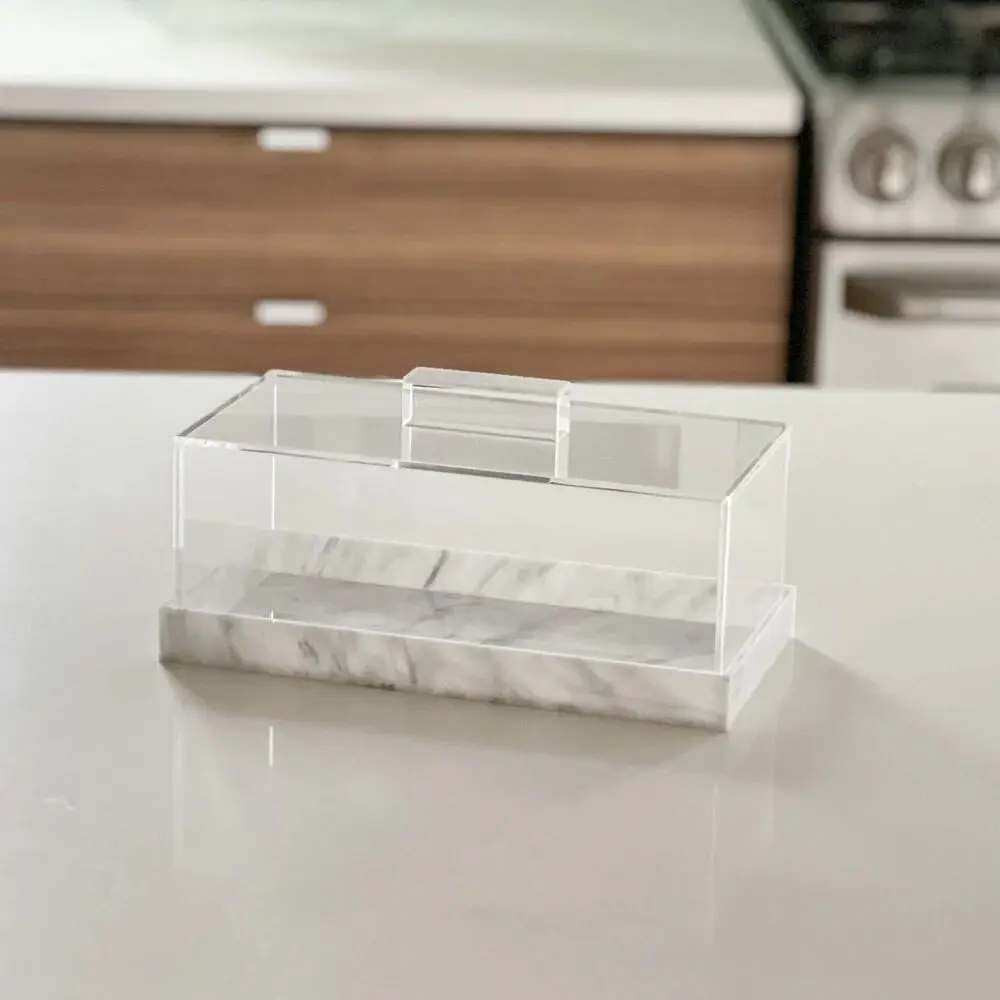 Индивидуальный акриловый прозрачный кухонный торт магазин Lucite декоративный прямоугольный контейнер с белым мраморным основанием и крышкой