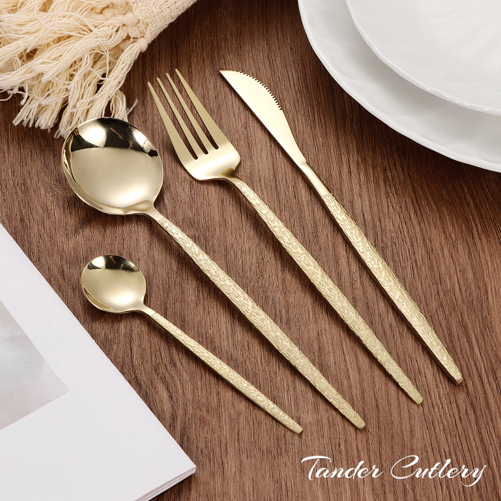 New design portuguese hammered handle tableware knife fork and spoon stainless steel gold mirror silverware cutlery set