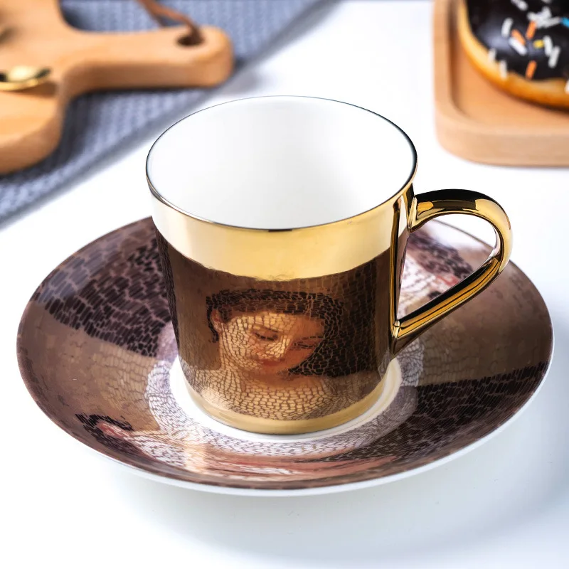 250ml Creative Reflection Mirror Ceramic Coffee Mug With Plate Spoon Golden Silver Beauty Lion Bird Pattern Desktop Decoration