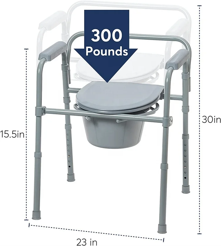 HEPO LQX050004F Medical Grey Folding Steel Bedside Commode Chair Portable Toilet 350 Pound Weight Capacity with 7.5 Qt. Bucket