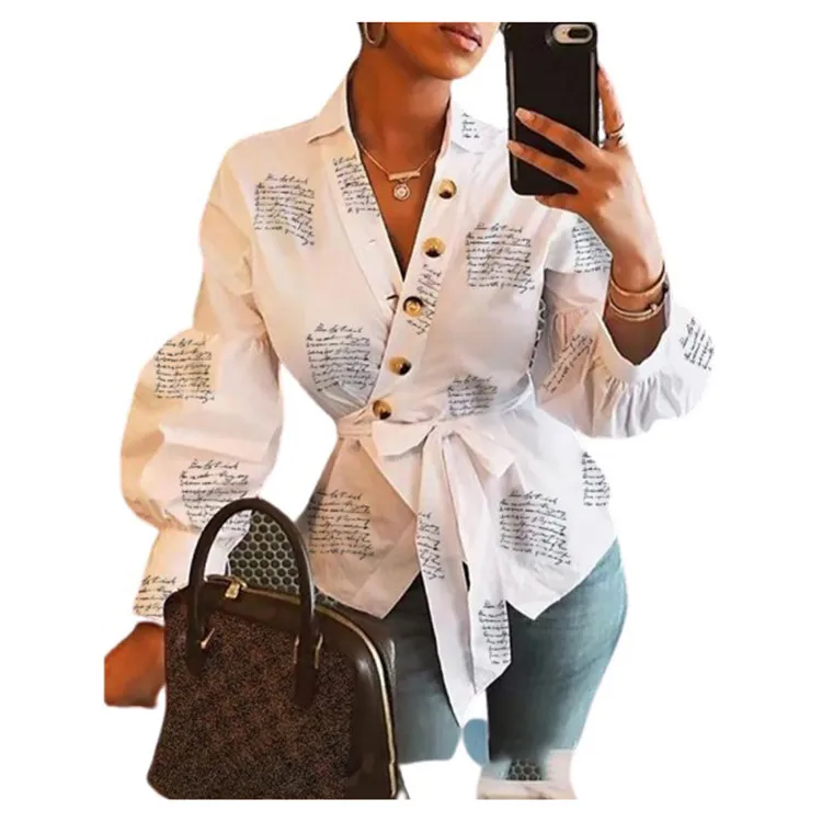 0720M325 Wholesale Autumn Winter Ladies Print Long Sleeve V-neck Sexy Casual Women Tops Coat And Blouse