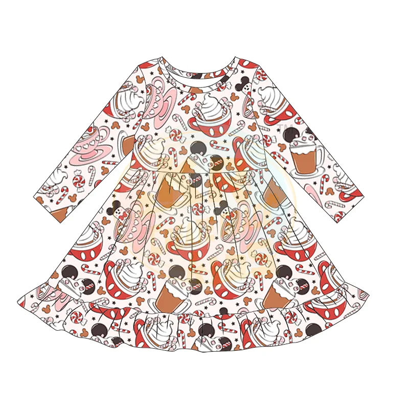 Wholesale High Quality Baby Bamboo Dresses Toddler Custom Printed Children Skirt Long Sleeve Cute Cartoon Kids Girl Dresses