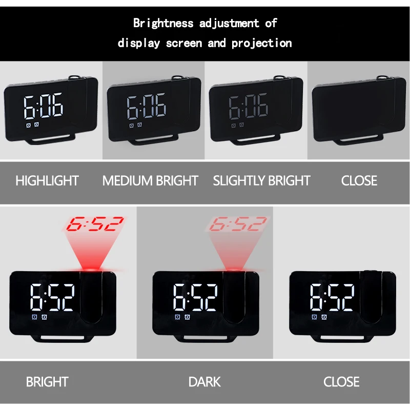 Cross-border Supplied Radio Projection Alarm Clock with Large-Screen LED Display and Curved Surface Double Alarm Table Clock0716