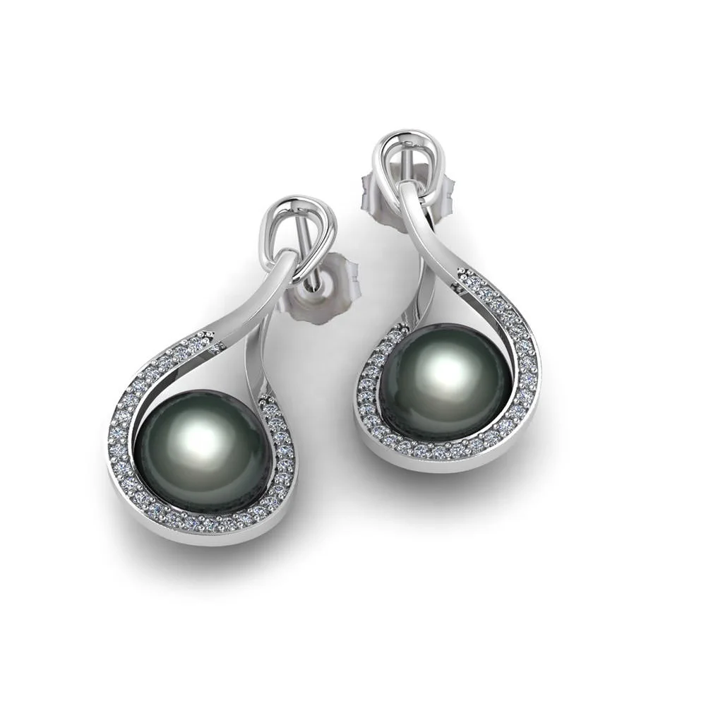 Best Anniversary Gift Pearl Jewelry For Elegant Women Leaf Shape With Dangle Black Shell Pearl Silver Earrings