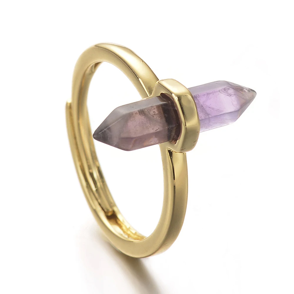Cliobeads Prism Shape Rose Quartz Amethyst Onyx Crystal Natural Gemstone Ring Adjustable Women Stone Ring