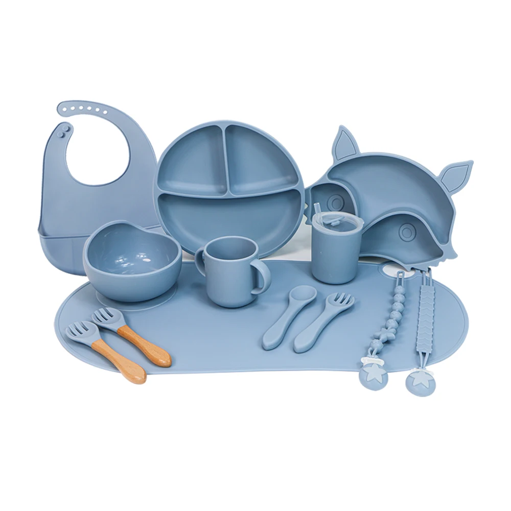 Custom Silicone Kids Tableware Suction Bowl Bib Children Baby Cutlery Training Spoon And Fork Plate Sippy Cup Bibs Feeding Set