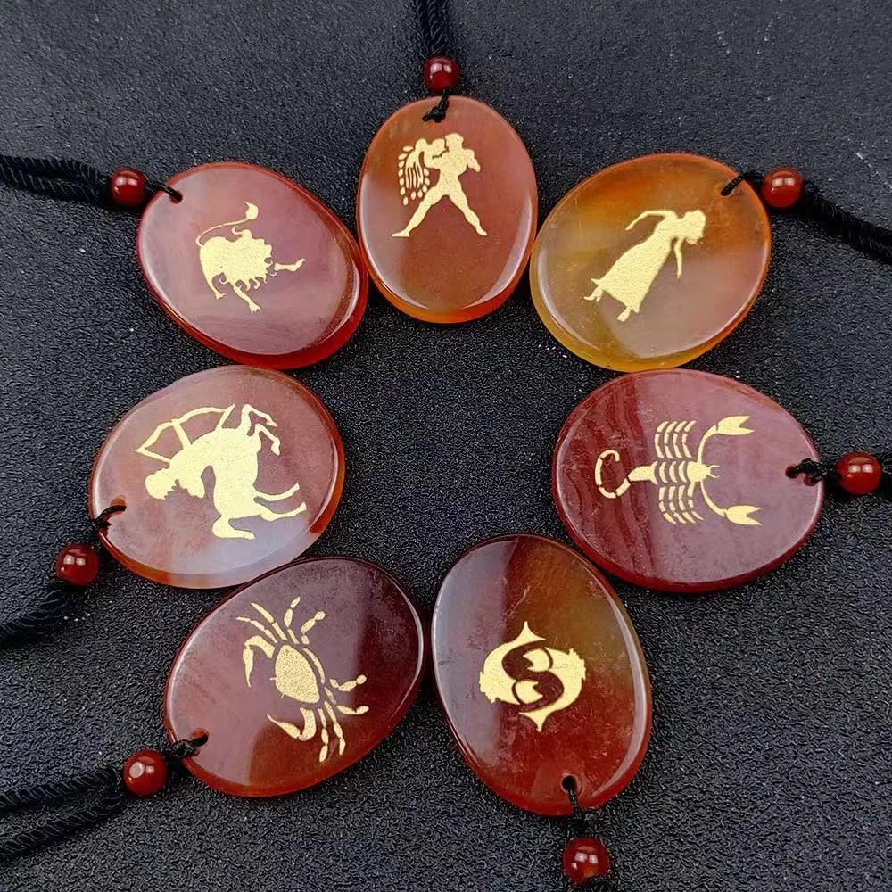 Wholesale crystal oval-shaped red agate Twelve constellations symbol pendant crystal necklace twelve constellation
