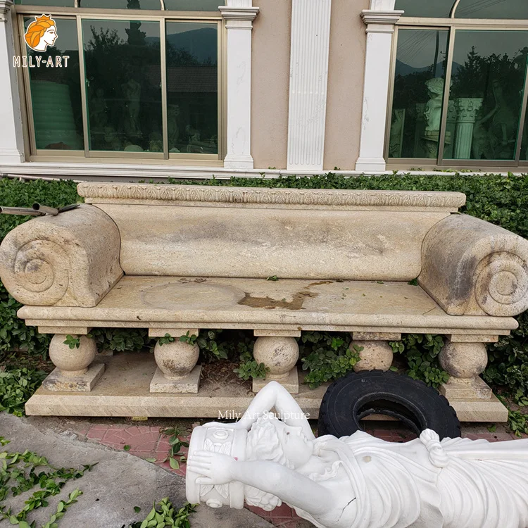 Наружный парк Природный камень ручная резьба садовый стул бежевый мрамор скамейка скульптура