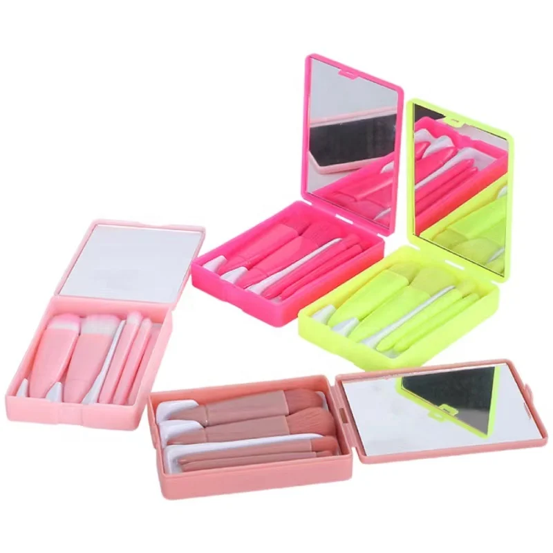 New Best Seller Travel Makeup Brush Set 5 PC Mini Makeup Brushes Kit Complete Function Cosmetic Brushes Kit with Mirror and Case