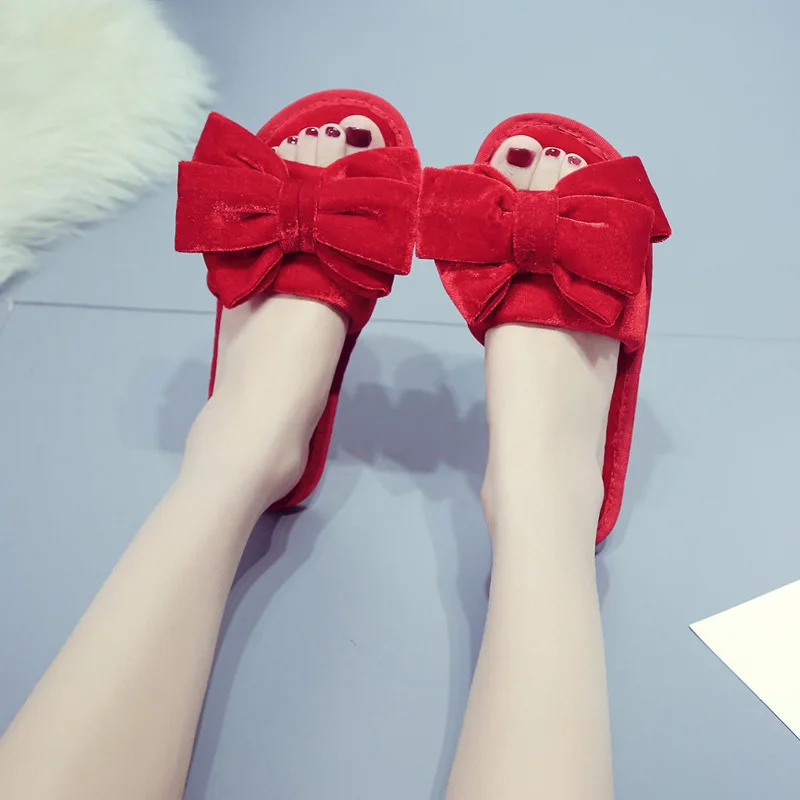 Fashion design Bowknot 2021 Winter Plush warm slides ladies Flat bedroom indoor shoes Luxury women faux fur slippers