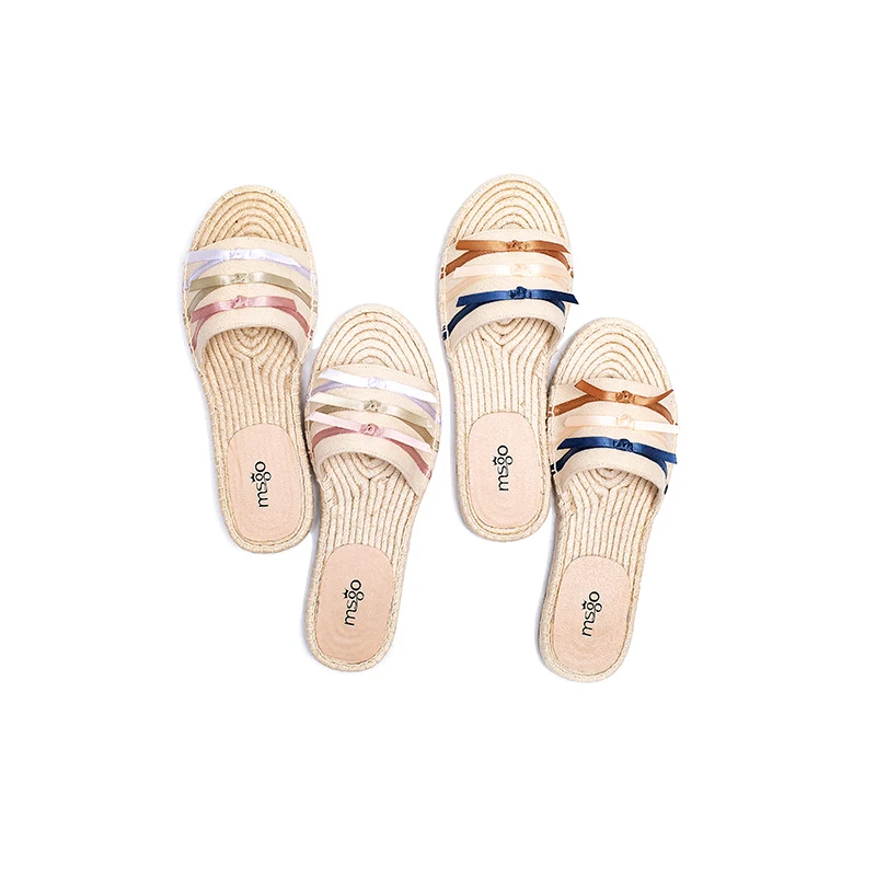 The women fashion popular colorful silk ribbon bow canvas vamp basic slipper slip on espadrilles flat shoes