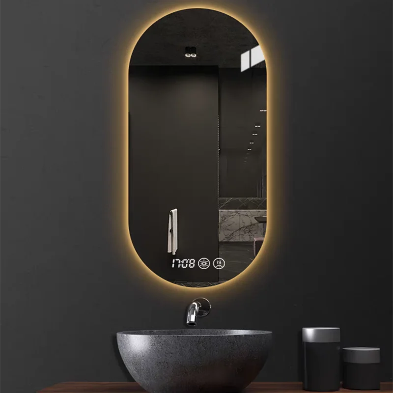 oval frameless one way shower glass mirror with adjust light and time function