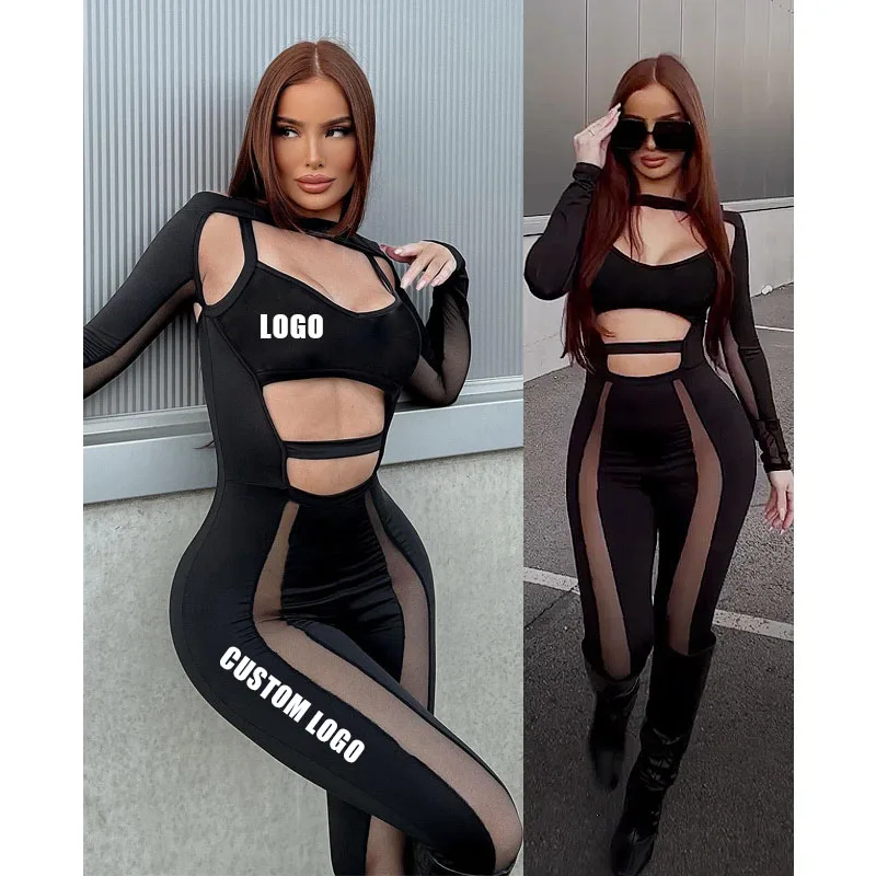 Free shipping Custom Wholesale Lady Jumpsuit Women Cut Out Sexy See Through Jumpsuit Mesh Breathable Bodycon Black Jumpsuits