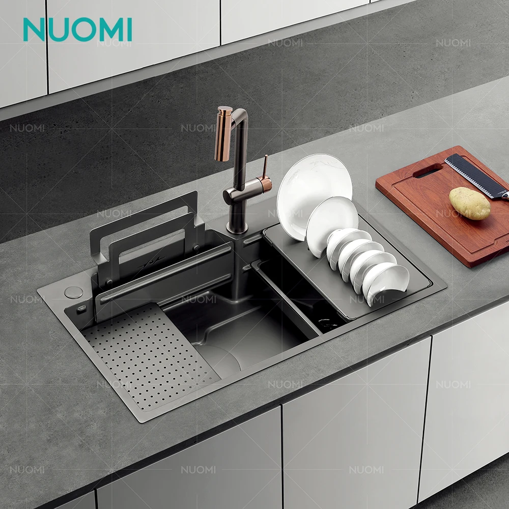 NUOMI WRIGHT Luxury Multifunction Kitchen Sink Stainless Steel Undermount Sink Smart Single Bowl Handmade Kitchen Sink