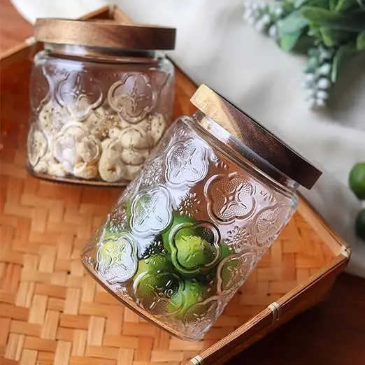 Vintage Glass Airtight Storage Jar With Airtight Wood Lid Kitchen Food Containers for Candy, Coffee Tea Beans