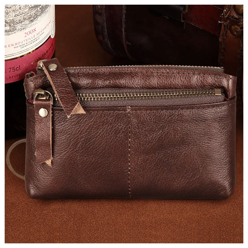 High Quality Vintage Cowhide Leather Mini Clutch Bags Zipper Coin Purse Key Case Daily Women Wristlet Wallet