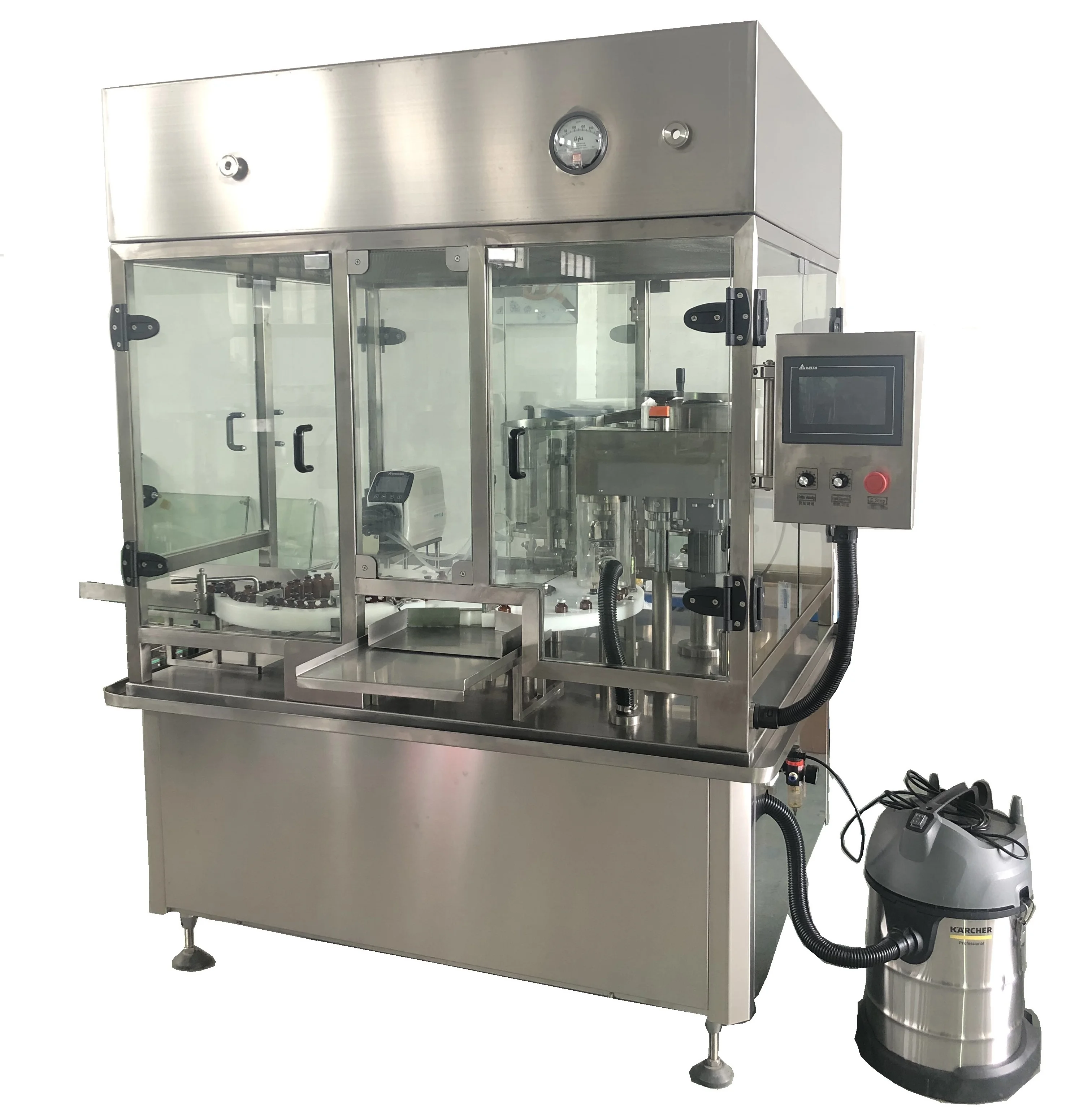 XL-2B Vial Liquid Filling Stoppering And Capping & Crimping Machine with class 100 laminar flow cover