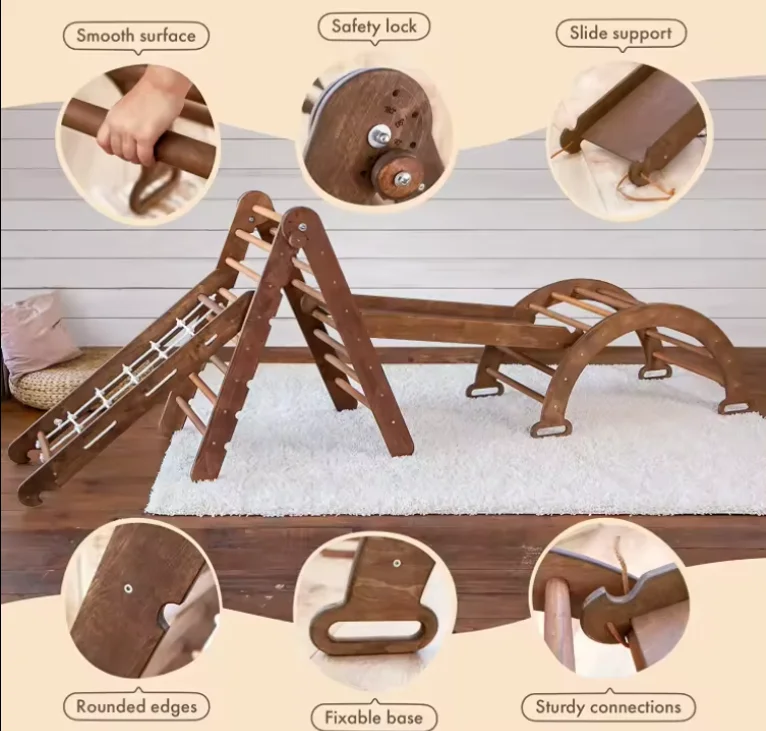 The popular 4-in-1 Montessori indoor climbing frame with wooden triangular arches and climbing paths for toddlers