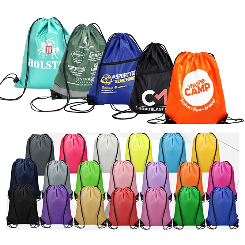 Wholesale Customized cheap Promotional Polyester folding Nylon 30cm shop and market gym sports Backpack Draw String Bags