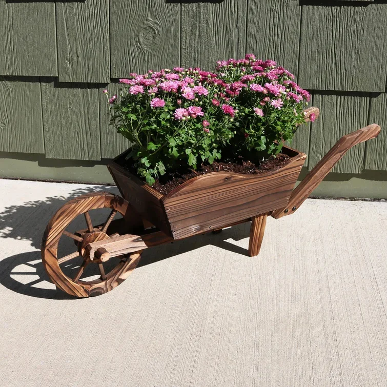 Custom Wooden Garden Trolley Planter Country Style Wheelbarrow Planter Outdoor Decoration Trolley Planter
