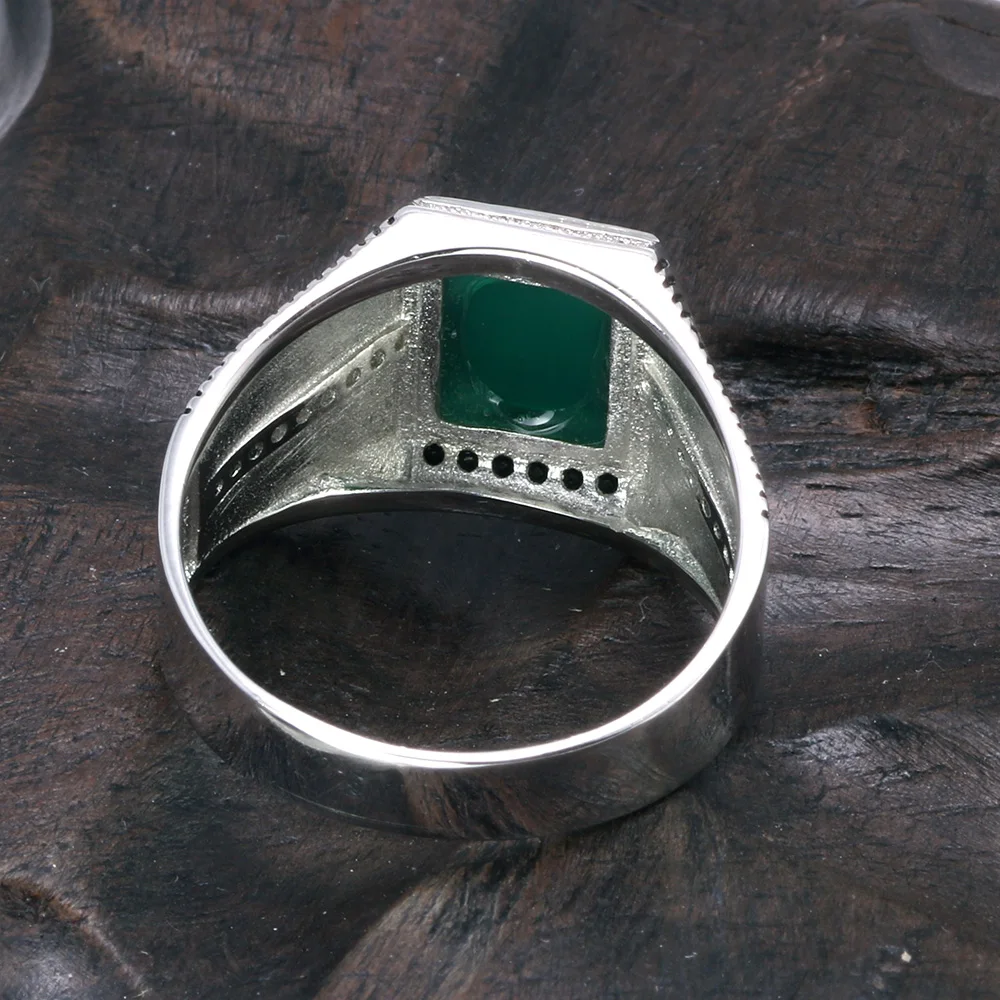 Black Green Red Natural Agate Stone Ring Square Shape Zirconia Inlaid Turkish Silver Men Rings Sterling Silver 925 Jewellery