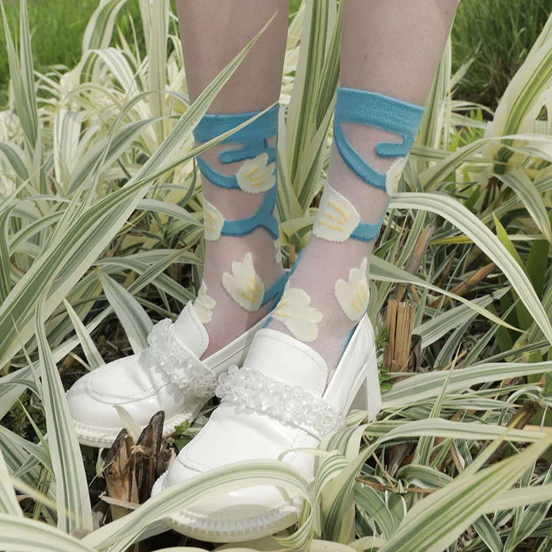 Wholesale Summer Women Tulip Flower Design Thin Nylon Crystal Sheer Socks Transparent Socks