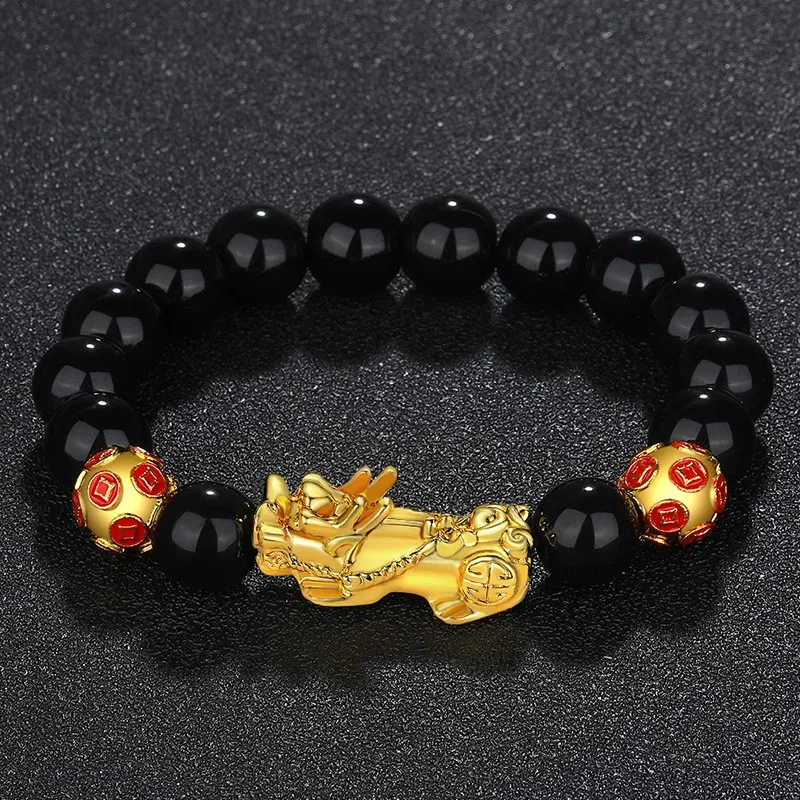 Luxury Charm 12mm Good Luck Buddha Lucky Wealth Pixiu Power Piyao Feng Shui 18K Gold Plated Black Obsidian Bracelet Men Women