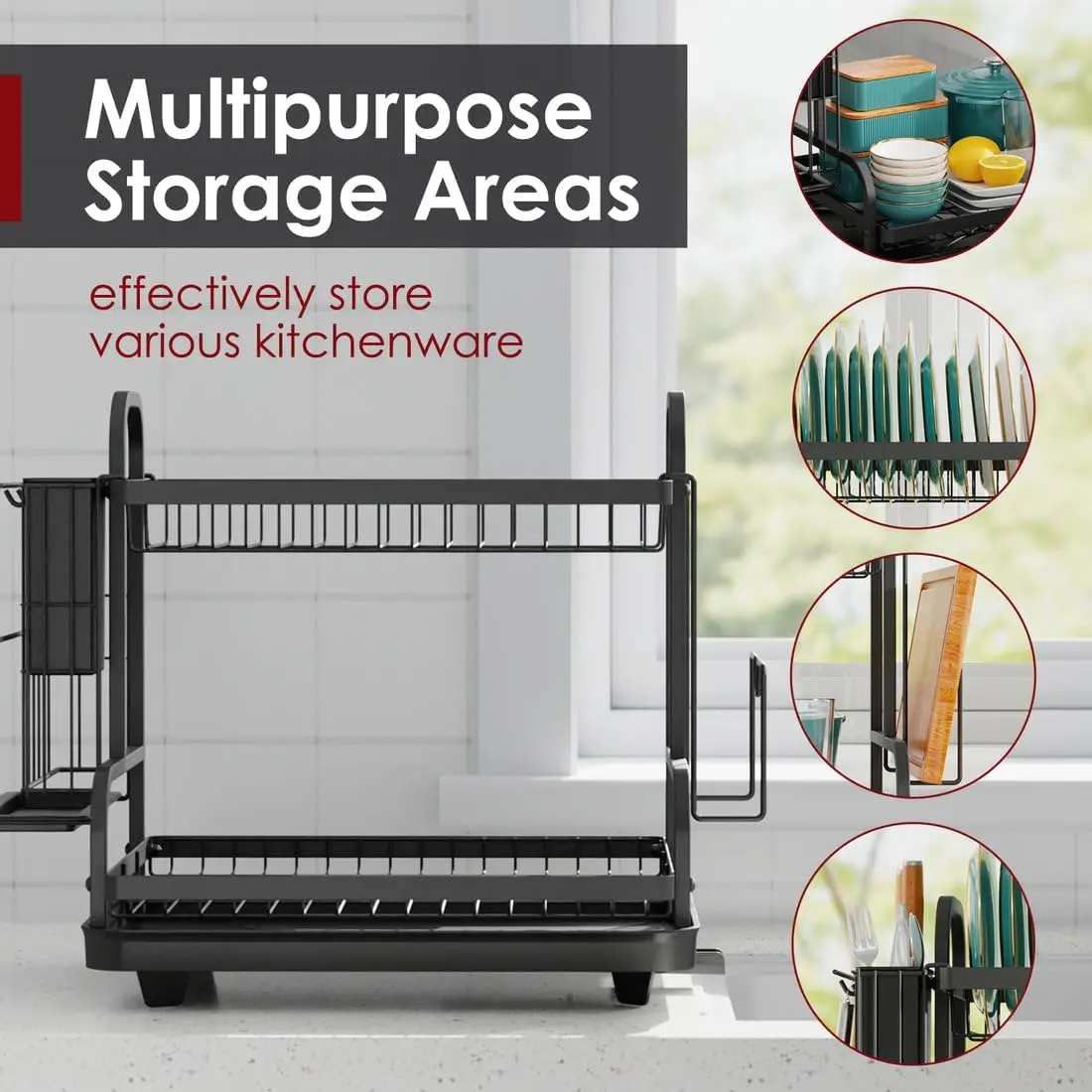 2 Layer Large Capacity Rustproof Space-Saving Multipurpose Dish Drying Rack for Countertop Kitchen Counter with Utensil Holder