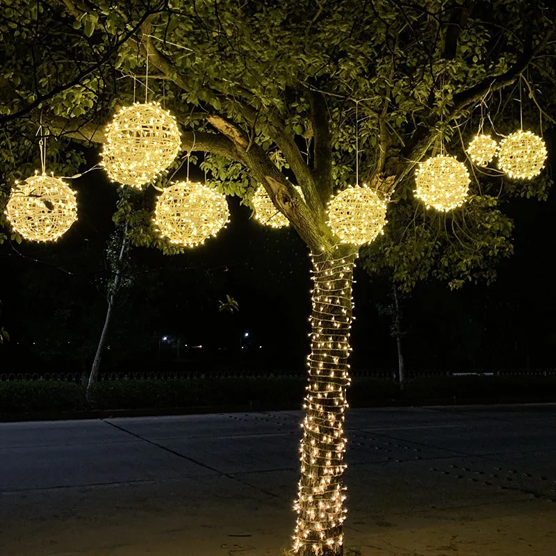 Wholesale 20/30/40/50cm Led Globe Rattan Ball Light Landscape Hanging Light Outdoor Round Ball Light Decor For Tree