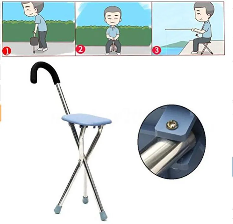 3 legs aluminium foldable walking stick, handle crutch with seat