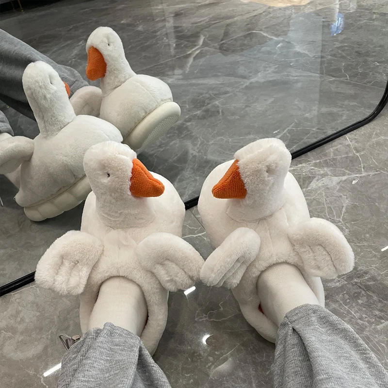 White ducks Slippers Fashion Fluffy Winter Warm Slippers Female Cartoon Animals Plush Home Indoor Slipper Shoes