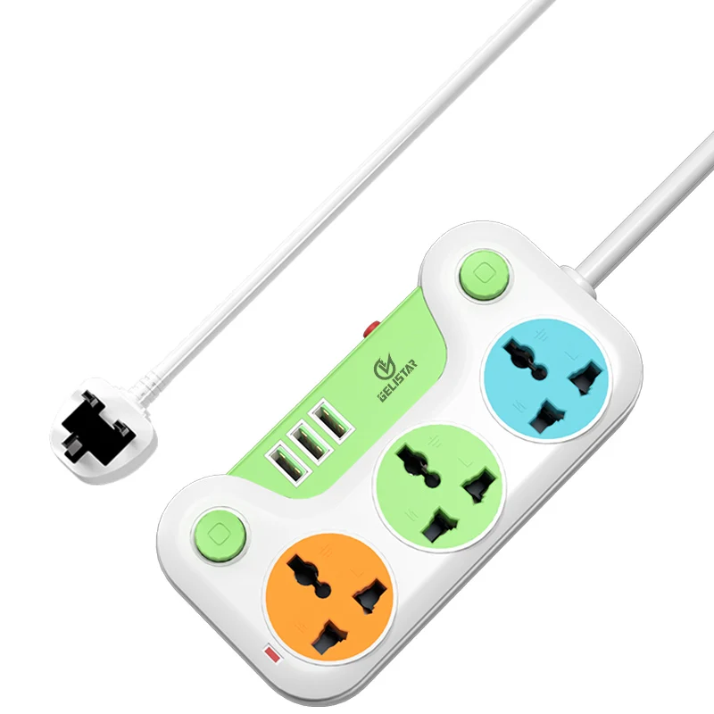 3 outlet 2m cable colorful multiple switch power strip household safeguard surge protector extension board extention socket