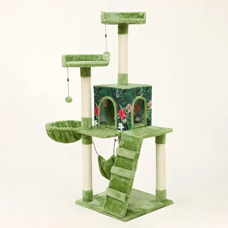 54in Cat Tree Tower Condo Furniture Natural Sisal Scratch Post Plush Perch Hammock Cradle Cat Climbing Frame with Hanging ball