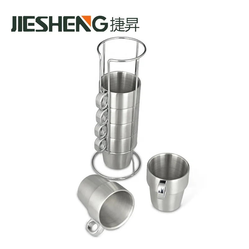 Stackable Custom Logo Double Wall Espresso Cup Set Stainless Steel Coffee Cup with Rack