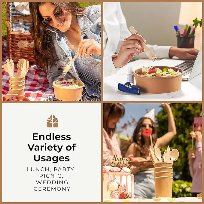 REERAA 300-Piece Disposable Wooden Cutlery Set Natural Biodegradable Utensils for Outdoor Parties Eco-Friendly Knife-300Pcs