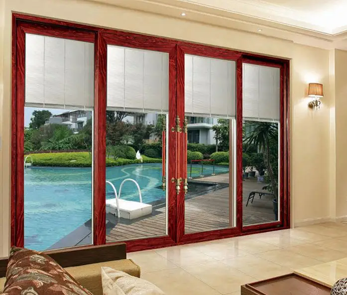 
4 panel thermal break alu flush high quality sliding glass door with built-in blinds 