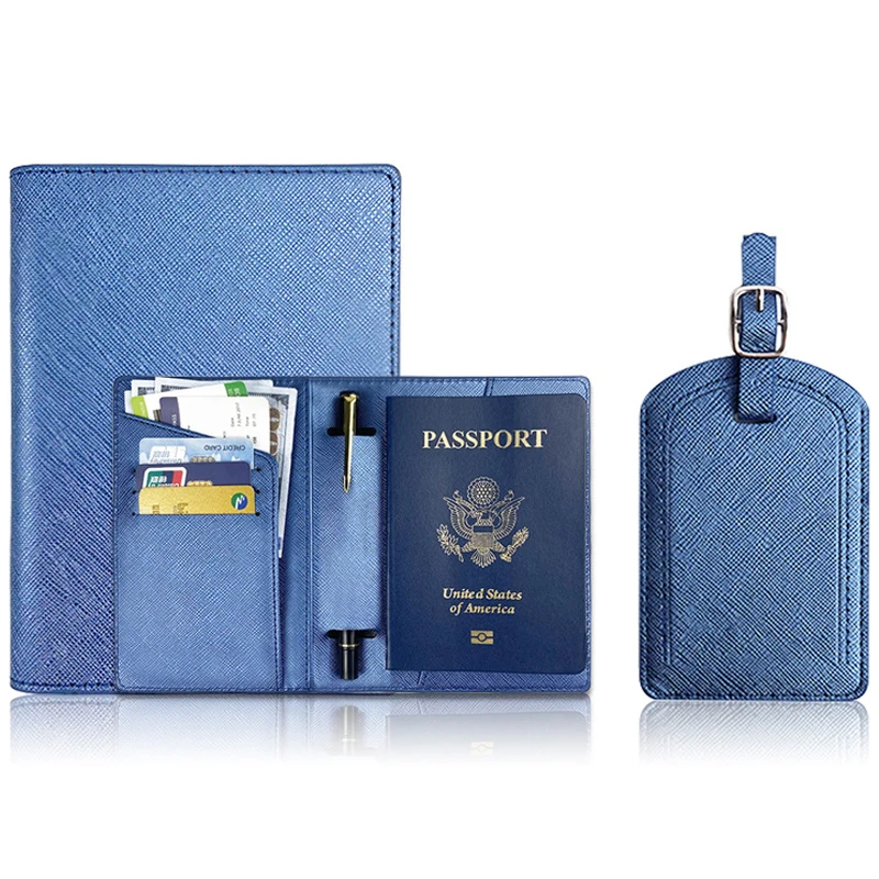 New travel passport holder wallets credit card cross pattern PU leather women credit card cover case luggage tag sets with golde