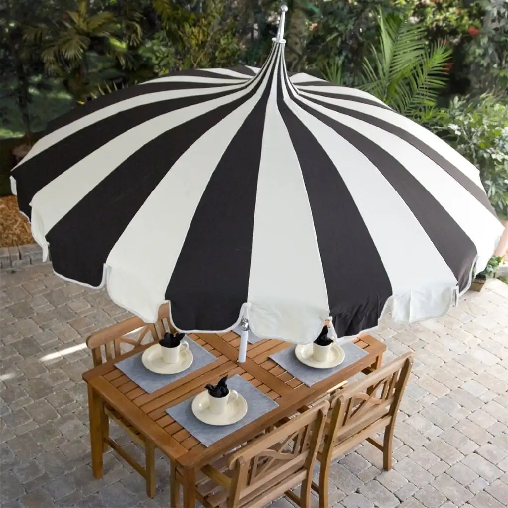 Large Size Custom OEM Vintage Black and White Canvas Fringe Pagoda Garden Parasol Sun Beach Outdoor Patio Umbrellas With Tassels