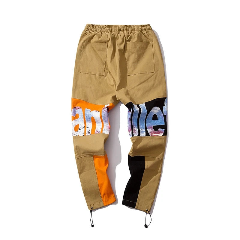 
High Street HIP HOP Letter Printed Splicing Men Khaki Baggy Pants Mens Baggy Chino Trousers Pants Wide Hips Pants 